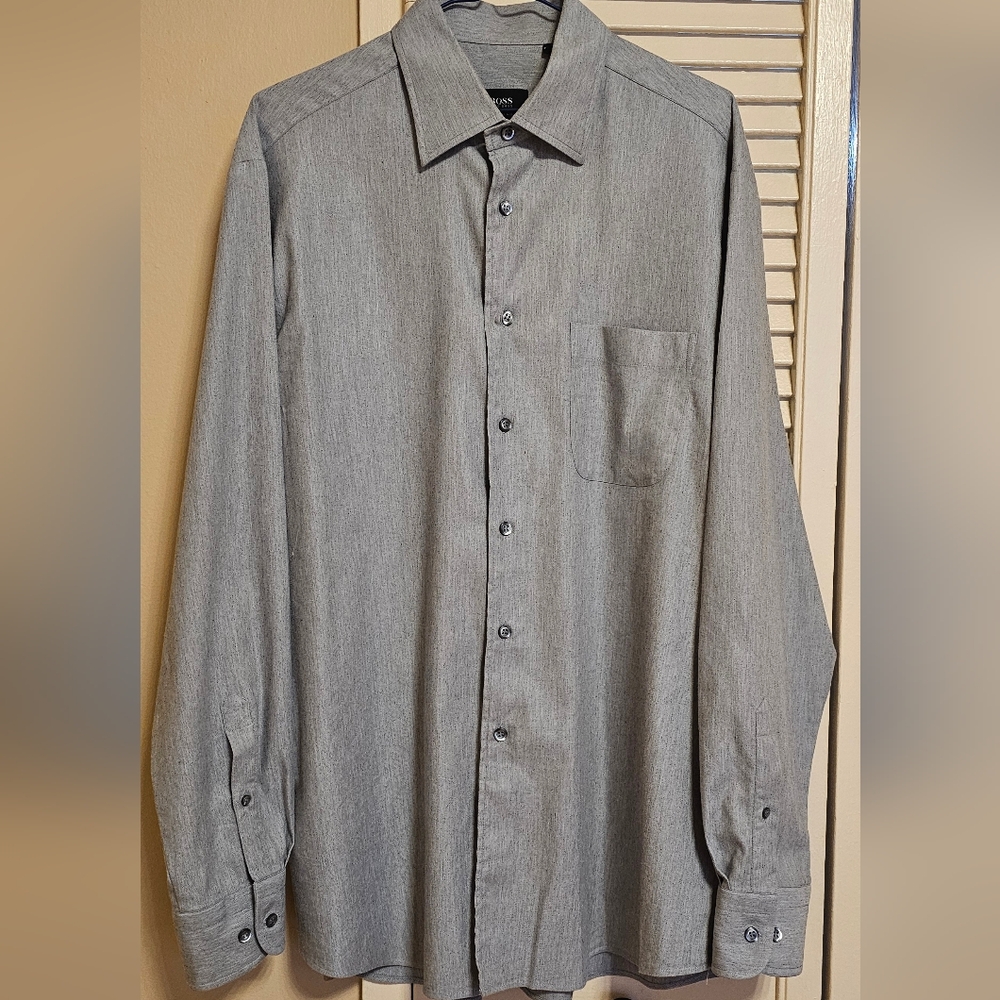 HUGO BOSS Stretch Mint Sage Grey, Cotton Blend Button Shirt 16 ½,42